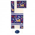 Yair emanuel Embroidered Raw Silk Tallit - Birds blue TFA-8