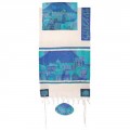 Yair emanuel Cotton and Silk Tallit – Jerusalem gate in blue TWS-11