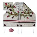 Yair emanuel Embroidered Raw Silk Tallit - Tree of life - Pomegranates white TFA-11