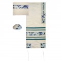 Yair emanuel Embroidered Raw Silk Tallit – David Star Rainbow - Blue 16" X 70"  TAB-3B